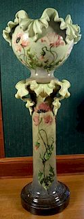 Massier French Majolica planter having naturalistic form urn on pedestal, painted with blossoming flowers and signed Sons, pe