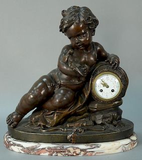 Bronze cherub shelf clock having porcelain dial all set on marble base, possibly 20th century. ht. 17 1/2in., wd. 18in. Prove