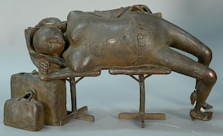 Large bronze of a woman sleeping on bench, waiting at the airport, initialed on seat of chair: CE?, 20th century