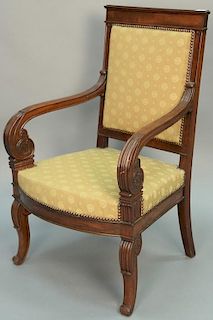 Directoire mahogany armchair having carved and fluted arms and saber style legs, 19th century, ht