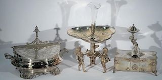 Three piece lot to include Figural silver plated and glass epergne having clear glass vase over bowl on three putti base and