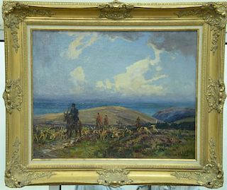 Alexander Carruthers Gould (1870-1948), oil on canvas, fox hunt coastal scene "Stoke Common Exmoor", signed lower right: A. C
