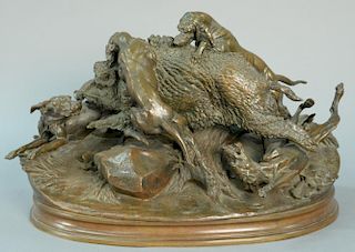 Jules Moigniez (1835-1894) bronze Boar Hunt with four dogs bringing down a large boar, signed on base J. Moigniez, set loosle