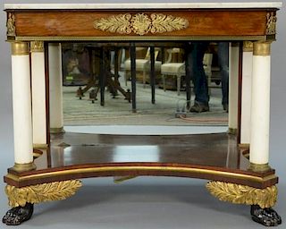 Empire ormolu mounted rosewood and marble pier table having rectangular white marble top above inlaid and mounted frieze on m