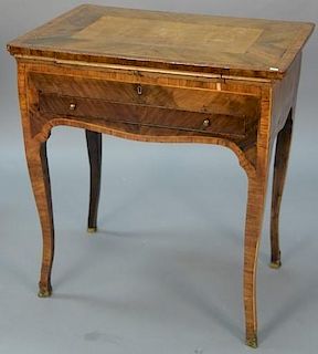 Louis XV desk having sliding top, moves to reveal slide out writing surface, drawers, and pencil drawers over drawer, all set