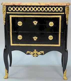 Louis XV commode with marble top over three drawers with gilt bronze mounts on cabriole legs with gilt bronze paw feet, 18th