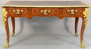 Regency tulipwood and kingwood parquetry inlaid bureau plat, ormolu mounted desk with leather top and firual ormolu bust, 18t
