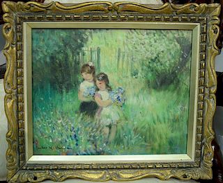 Jules Rene Harve (1887-1981), oil on canvas, Two Girls in Flower Field, "Les Petites Filles la Cueillette des Fleurs", signed