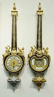 Regence French gilt bronze Boulle Cartel wall clock and companion barometer having brass inlaid brown tortoiseshell with heav