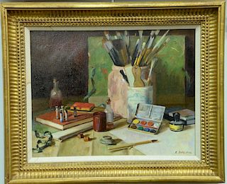Randall Lake, oil on canvas, Still Life of Paint and Brushes, signed and dated lower right: R. Lake, in molded gilt frame, 14