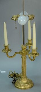 Gilt bronze candelabra lamp having three candles and two bulbs, ht