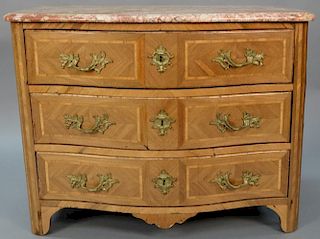 Louis XV commode with bowed front marble top on conforming chest of three drawers having inlaid fronts inlaid sides and colum