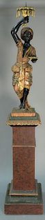 Venetian polychrome and parcel gilt blackamoor pricket on stand having one arm raised with pricket, the boy figure in ornate