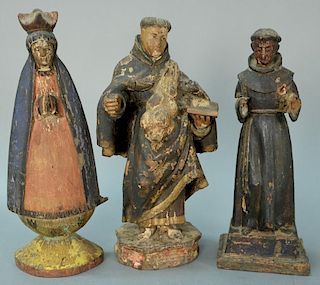Three carved and painted religious figures, ht