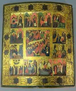 Russian Icon, gilt decorated having thirteen various views. ht. 13 3/4in., wd. 12in.