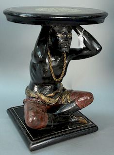Original 19th/20th century Venetian carved wood ebonized polychromed blackamoor figural stand having inlaid oval top over sea