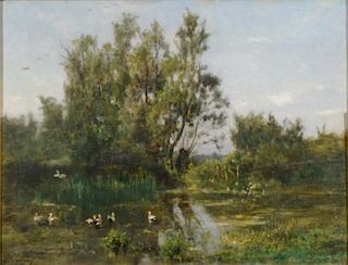Charles Francois Daubigny (1817-1878), oil on cribbed board, Ducks on a Pond, signed lower left: Daubigny, 9 1/2" x 14"