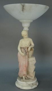 Alabaster figural table lamp having carved maiden standing by stone wall with urn. ht. 27 1/2in., dia. 15 1/2in. Provenance: