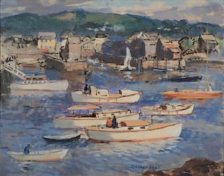 Gifford Beal (American 1879-1956), oil on masonite panel, "Rockport Harbor", signed lower right: Gifford Beal, signed and tit