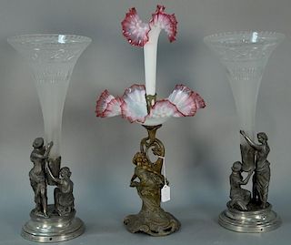 Three piece lot to include figural brass and art glass epergne having figural woman support with ruffle edge bowl and center