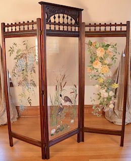 Three fold Victorian dressing screen with hand painted beveled glass panels. ht. 70in., wd. 66in. Provenance: Property from t