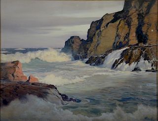Frederick Judd Waugh (1861-1940), oil on board, Rocky Shore Seascape, signed lower right: Waugh, 23" x 30"