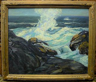 Abraham Jacob Bogdanove (1887-1946), oil on canvas seascape, Rocky Shoreline with Crashing Waves, signed and dated lower righ