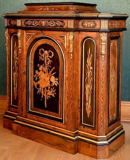 Renaissance Revival rosewood side cabinet having bronze mounts and various wood inlaid center door with birdseye maple interi