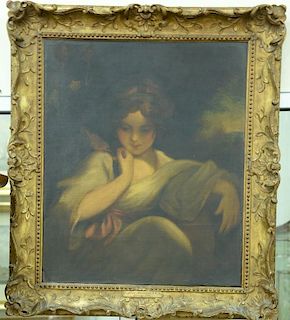 Circle of Joshua Reynolds (1723-1792), oil on canvas, 18th century portrait of a young girl with bird, unsigned, marked in pl