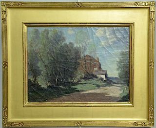 George Matthew Bruestle (1871-1939), oil on canvas mounted on board, "New England Farm" "The Red House", signed lower left: G
