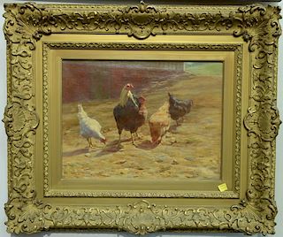 Walter Douglas (1868-1948), oil on canvas, Rooster with Hens in Barnyard, signed lower right: Walter Douglas, 12" x 16" Prove