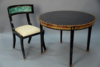 Maitland Smith contemporary round table and side chair, tortoise shell veneer with brass inlaid design
