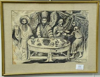 Denton Welch (1915-1948), pen and ink, Winged Figures at Dinner Table, signed lower right: Denton Welch, sight size 10" x 14