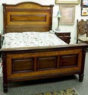 Aesthetic Victorian mahogany bed with hanging half canopy top having overall marquetry inlay on headboard, footboard rails, a