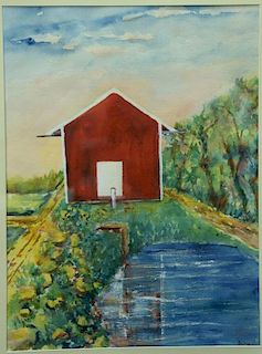Rex Goreleigh (1902-1986) watercolor Red "Water Shed" landscape signed lower right: Goreleigh titled on verso: Water Shed sig