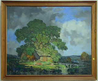 Landscape, impression oil on canvas palette knife painting, Farm with Cows, unsigned, restretched and relined Provenance: Pro