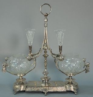 Victorian silver plate and clear glass figural epergne with bust of women and bird motif on base (glass replaced) ht. 23in.,