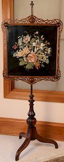 Victorian rosewood fire screen with needlework and beadwork panel