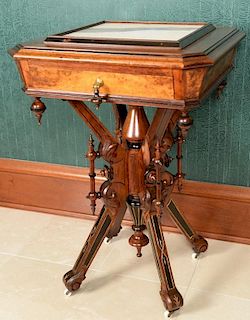 Renaissance Revival walnut table with inset white marble over one drawer on gilt incised pedestal set on four legs, drawer wi