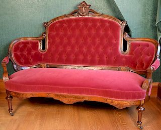Walnut and burl walnut Victorian loveseat with tufted upholstered back. ht. 48 3/4in., wd. 70in.