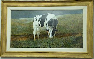 Ralph Benjamin Jones, acrylic on panel, Untitled (Cow in the Pasture), signed lower left: R. Benjamin Jones, 19" x 35"