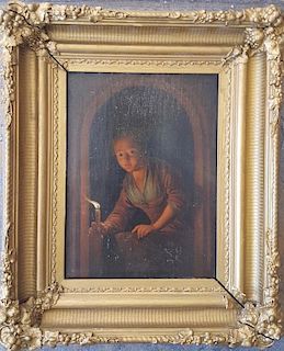 Dutch Old Master Painting Girl with Candle