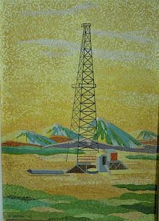 Large mosaic tile wall panel of an oil drilling well signed and dated in mosaic: M