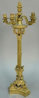 Large French gilt bronze candelabra, five arms over tall shaft on triangular base, ht
