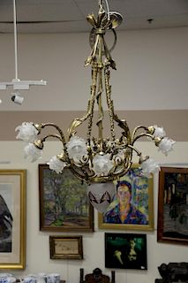 Louis XV style brass hanging light having central bottom light surrounded by ten lights with frosted shades. ht. approximatel