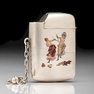 Continental Silver Match Safe with Enameled Sword Fighting Scene