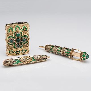 Rare Marcus & Co. Match Safe, Pencil and Pen Knife Set in Gold, Enamel and Emeralds