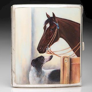 .935 Silver Cigarette Case with Enamel Panel of a Horse and Dog