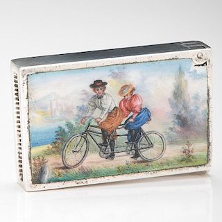 German .800 Silver Match Safe with Enameled Bicycle Scene