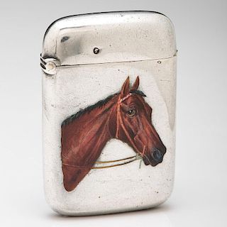 English Sterling Match Safe with Enameled Horse